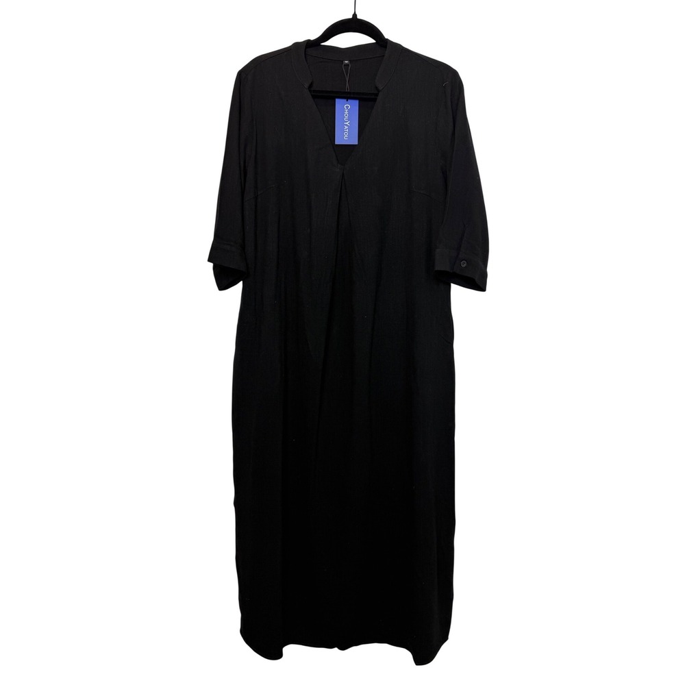 Chouyatou Womens Black Cotton Linen Split Neck Midi Dress‎ Pocket Medium QSPGLTT